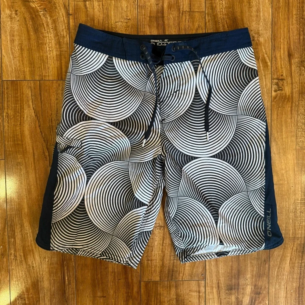 O'Neill Boys Navy Black White Boardshorts Superfreak Circular Design Size 26